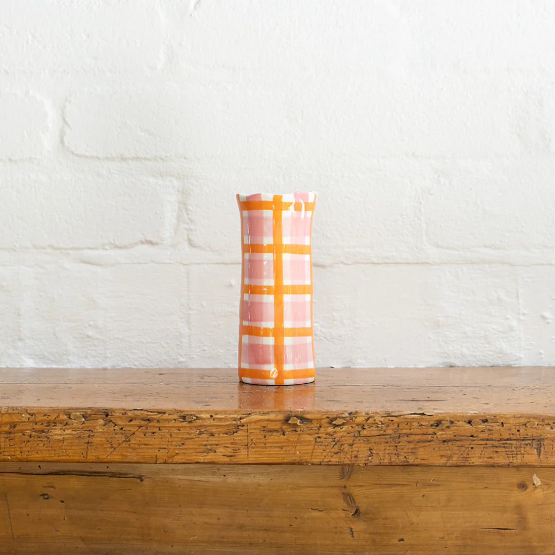 Small Pink & Orange Gingham Vase