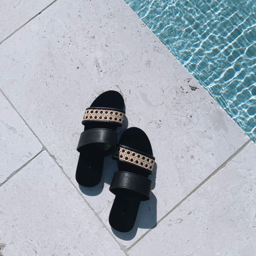 Heather Leather and Rattan Slides - Black